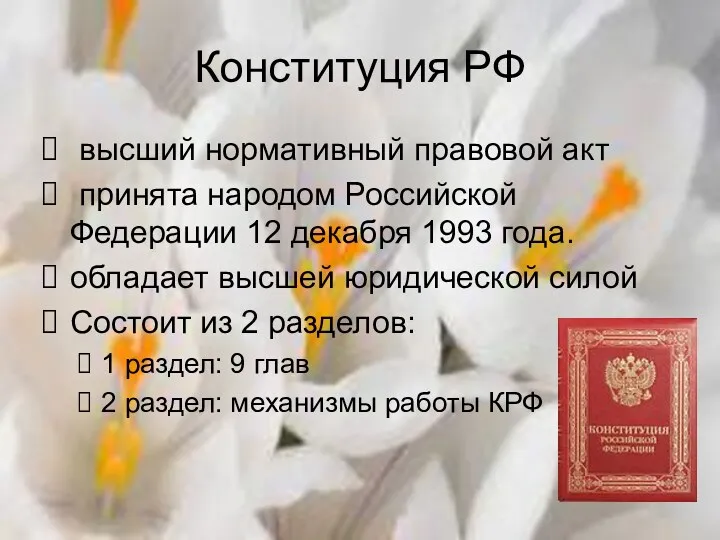 Конституция РФ высший нормативный правовой акт принята народом Российской Федерации 12 декабря 1993