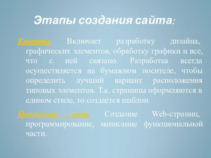 Этапы создания сайта: Креатив. Включает разработку дизайна, графических элементов, обработку