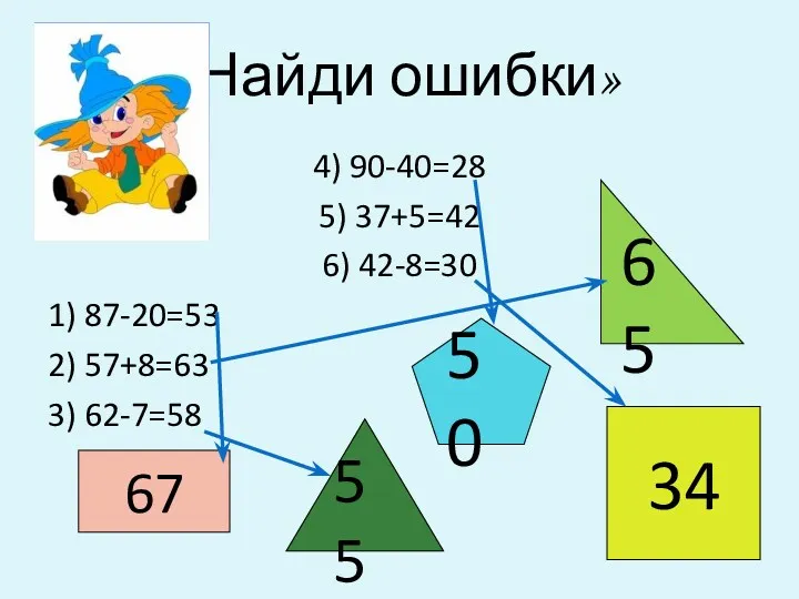 «Найди ошибки» 4) 90-40=28 5) 37+5=42 6) 42-8=30 1) 87-20=53