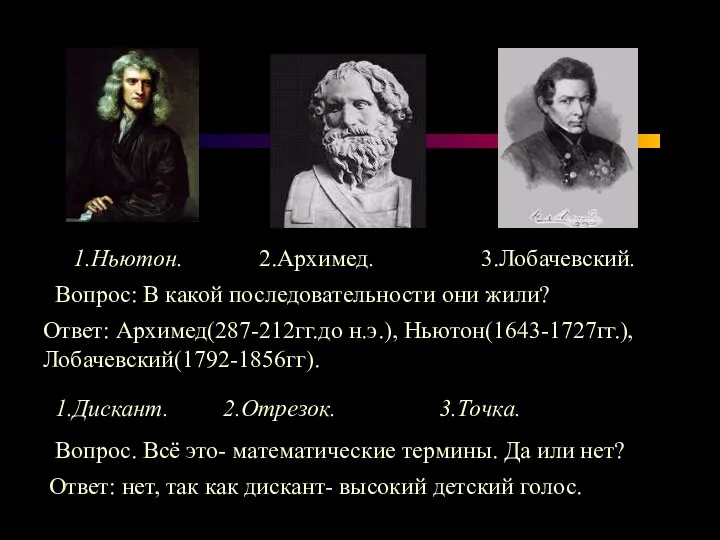 1.Ньютон. 2.Архимед. 3.Лобачевский. Вопрос: В какой последовательности они жили? Ответ: Архимед(287-212гг.до н.э.), Ньютон(1643-1727гг.),