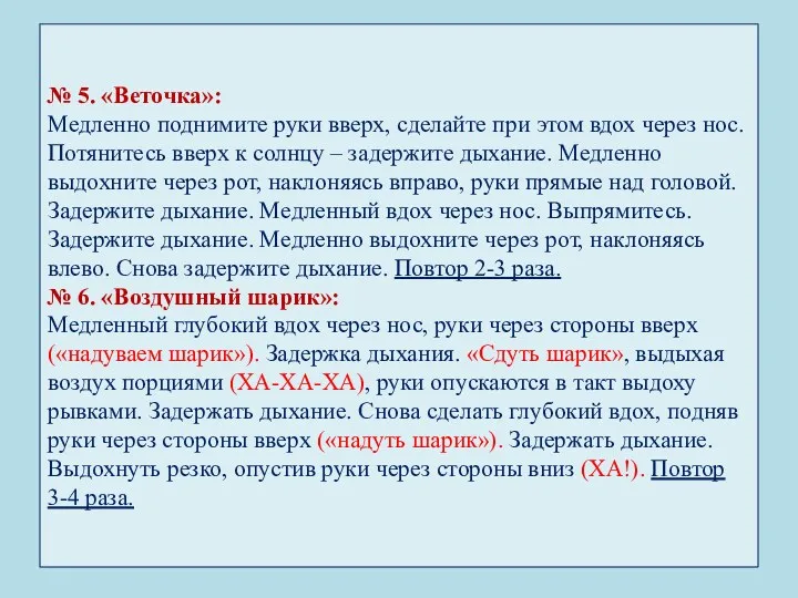 № 5. «Веточка»: Медленно поднимите руки вверх, сделайте при этом