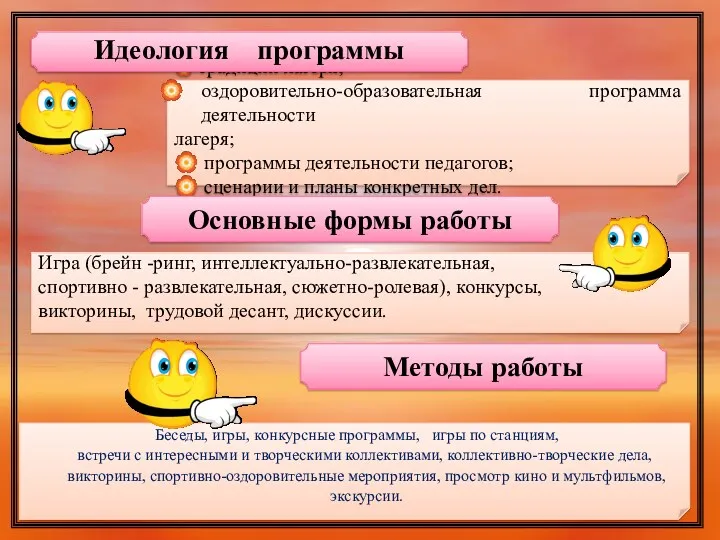  традиции лагеря; оздоровительно-образовательная программа деятельности лагеря;  программы деятельности