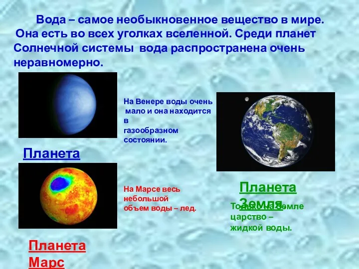 Вода – самое необыкновенное вещество в мире. Она есть во всех уголках вселенной.