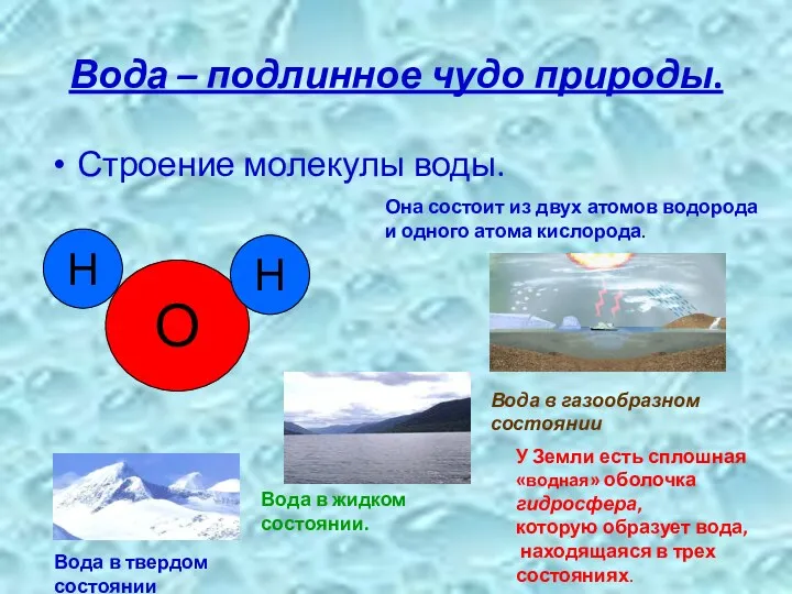 Вода – подлинное чудо природы. Строение молекулы воды. Она состоит из двух атомов