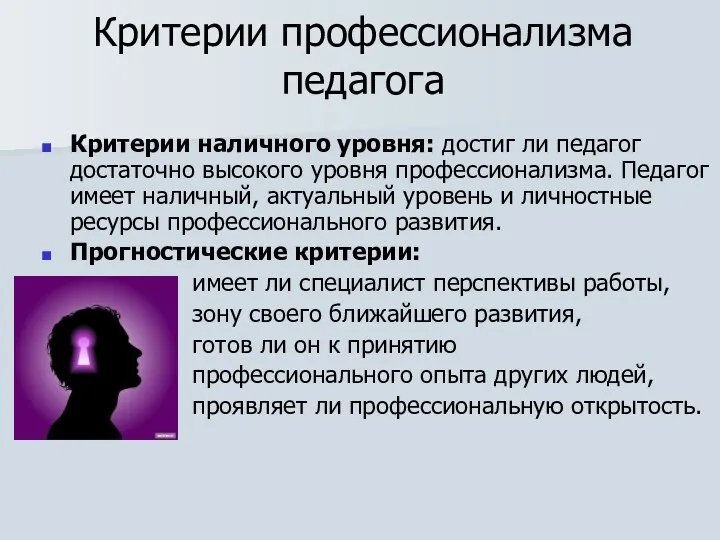 Критерии профессионализма педагога Критерии наличного уровня: достиг ли педагог достаточно