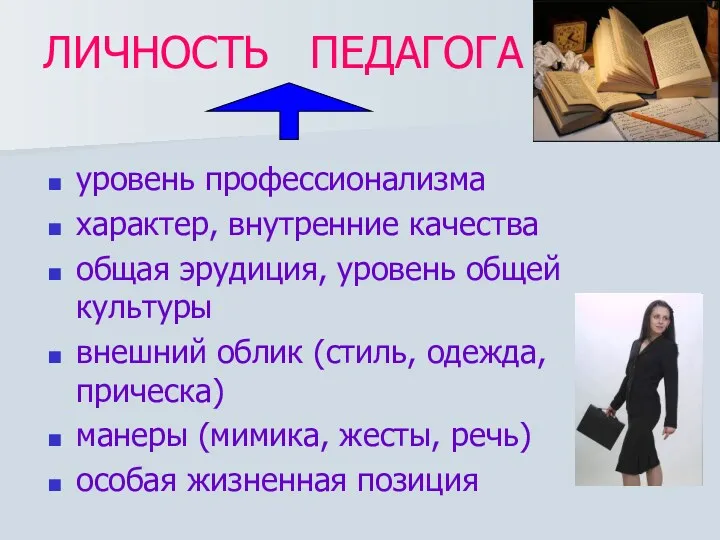 ЛИЧНОСТЬ ПЕДАГОГА уровень профессионализма характер, внутренние качества общая эрудиция, уровень