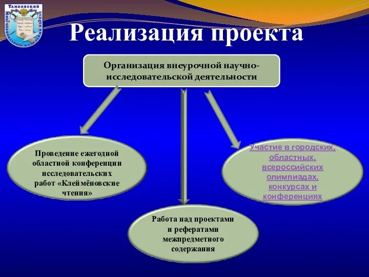 Реализация проекта Организация внеурочной научно-исследовательской деятельности