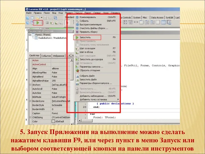 5. Запуск Приложения на выполнение можно сделать нажатием клавиши F9, или через пункт