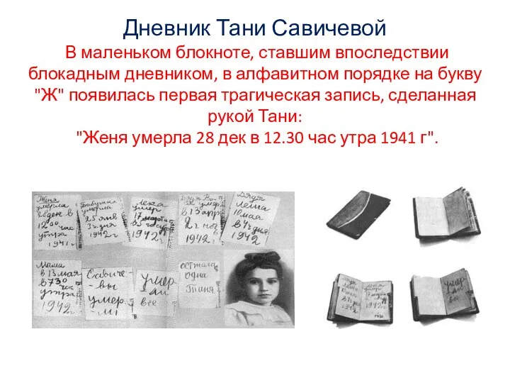 Дневник Тани Савичевой В маленьком блокноте, ставшим впоследствии блокадным дневником,