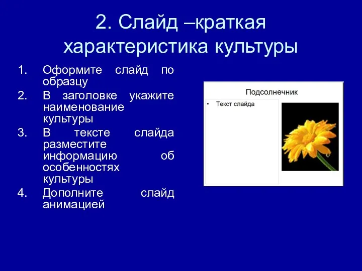 2. Слайд –краткая характеристика культуры Оформите слайд по образцу В заголовке укажите наименование