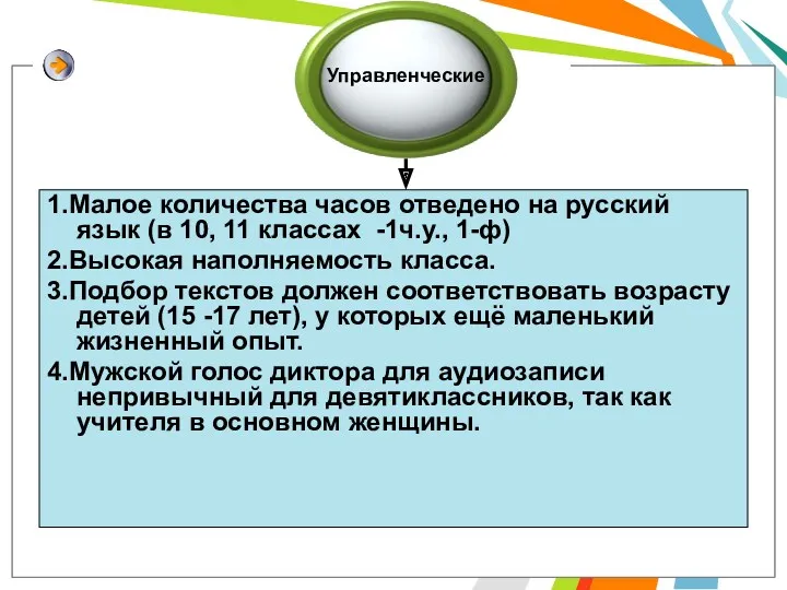 Управленческие 1.Малое количества часов отведено на русский язык (в 10,