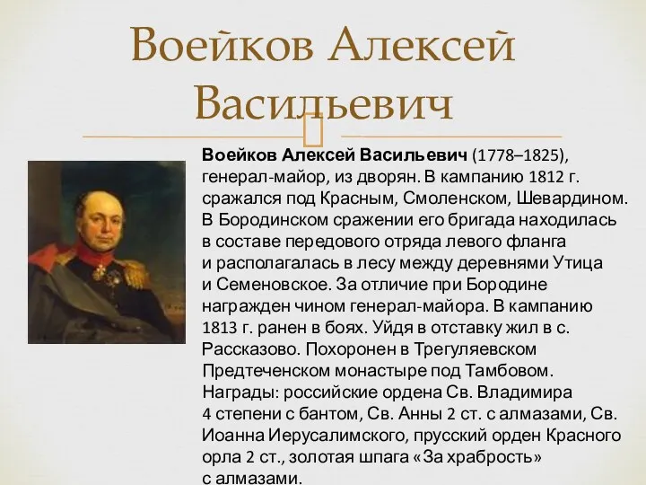 Воейков Алексей Васильевич Воейков Алексей Васильевич (1778–1825), генерал-майор, из дворян.