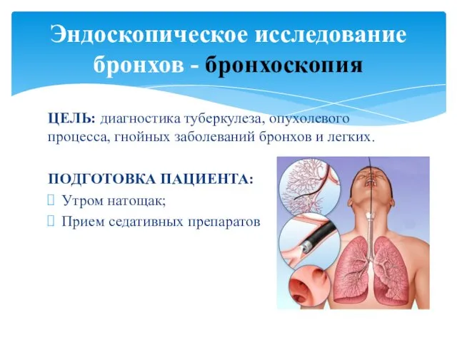 ЦЕЛЬ: диагностика туберкулеза, опухолевого процесса, гнойных заболеваний бронхов и легких. ПОДГОТОВКА ПАЦИЕНТА: Утром