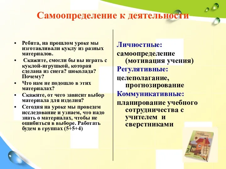 Самоопределение к деятельности Ребята, на прошлом уроке мы изготавливали куклу из разных материалов.