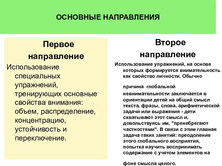 Первое направление Использование специальных упражнений, тренирующих основные свойства внимания: объем,