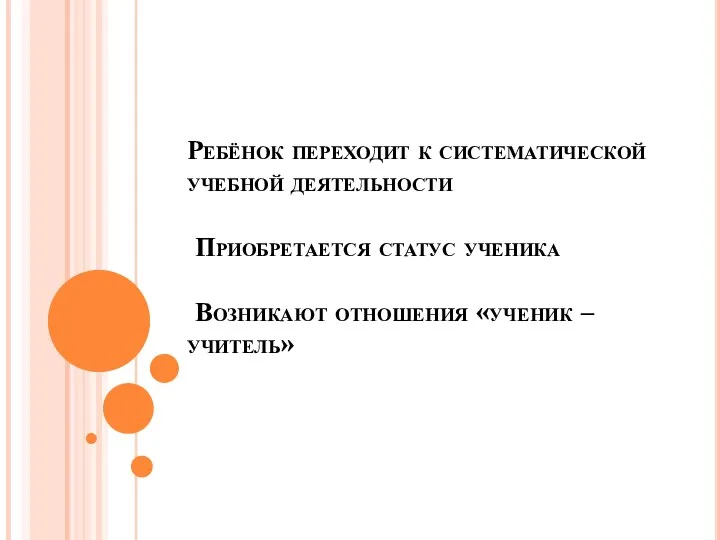 Ребёнок переходит к систематической учебной деятельности Приобретается статус ученика Возникают отношения «ученик – учитель»