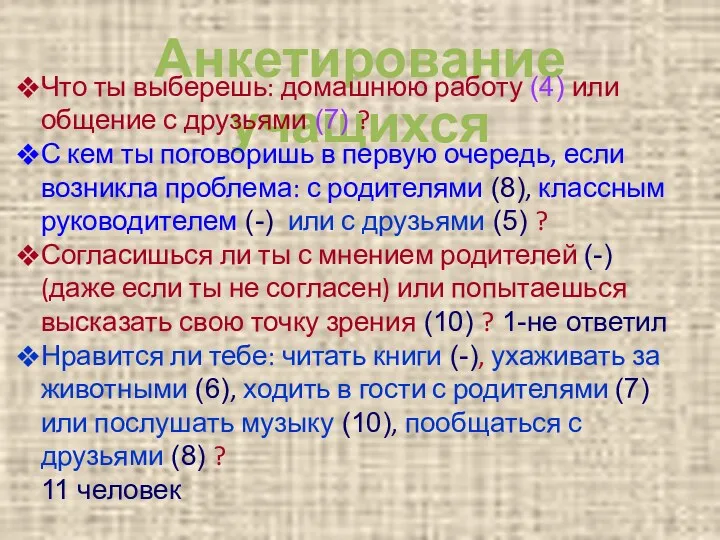 Анкетирование учащихся Что ты выберешь: домашнюю работу (4) или общение