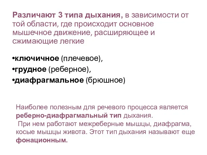 Различают 3 типа дыхания, в зависимости от той области, где происходит основное мышечное