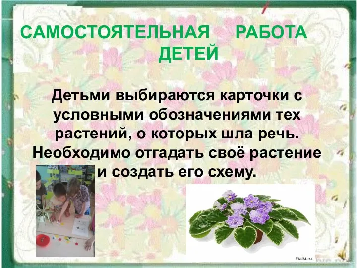САМОСТОЯТЕЛЬНАЯ РАБОТА ДЕТЕЙ Детьми выбираются карточки с условными обозначениями тех растений, о которых