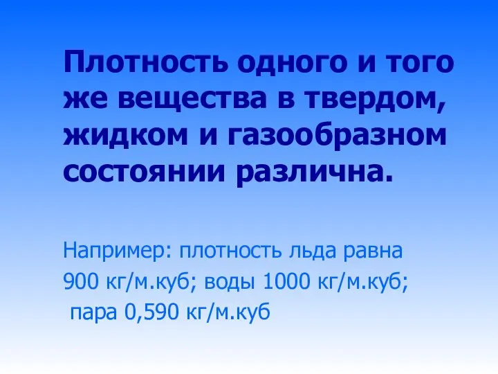 Плотность одного и того же вещества в твердом, жидком и