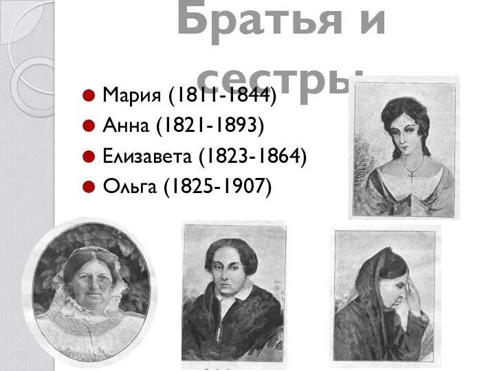 Братья и сестры Мария (1811-1844) Анна (1821-1893) Елизавета (1823-1864) Ольга (1825-1907)