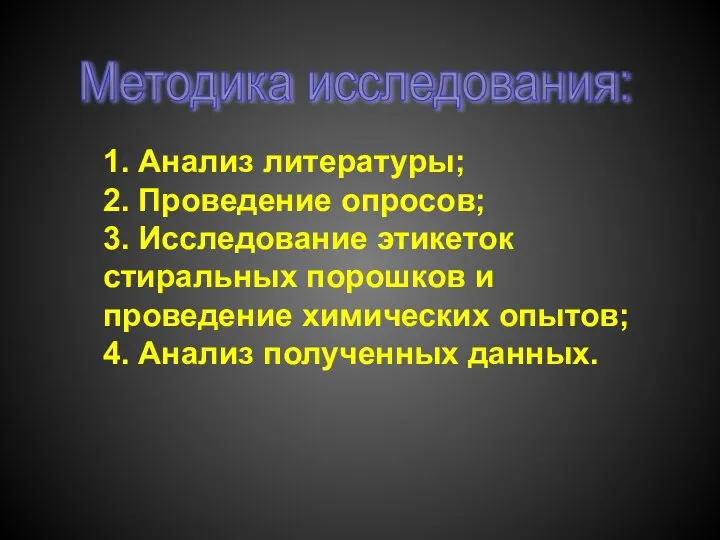 Методика исследования: 1. Анализ литературы; 2. Проведение опросов; 3. Исследование