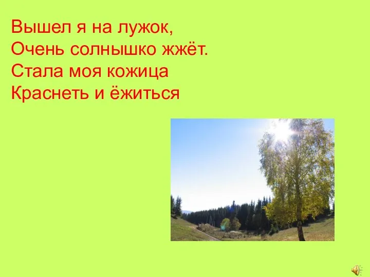 Вышел я на лужок, Очень солнышко жжёт. Стала моя кожица Краснеть и ёжиться