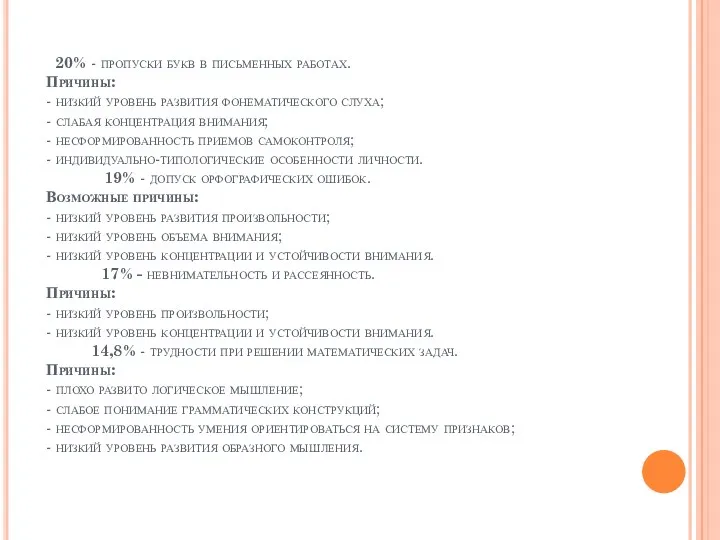 20% - пропуски букв в письменных работах. Причины: - низкий