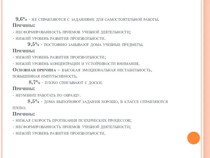 9,6% - не справляются с заданиями для самостоятельной работы. Причины: