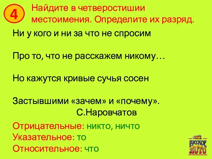 4 Найдите в четверостишии местоимения. Определите их разряд. Ни у