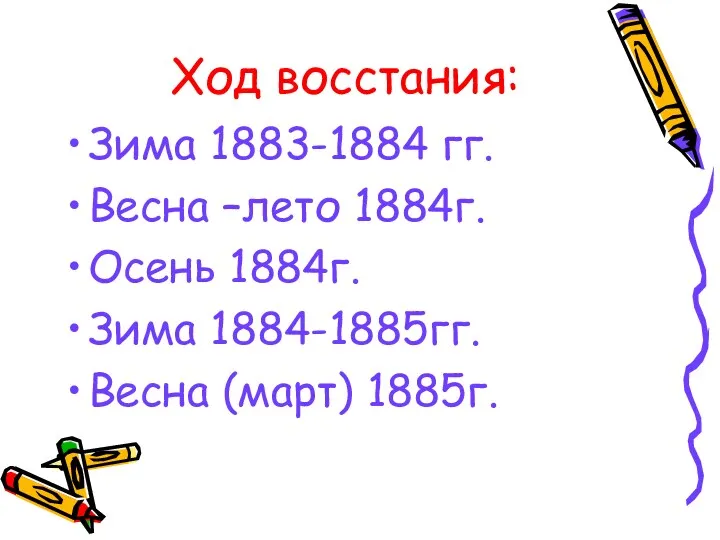 Ход восстания: Зима 1883-1884 гг. Весна –лето 1884г. Осень 1884г. Зима 1884-1885гг. Весна (март) 1885г.