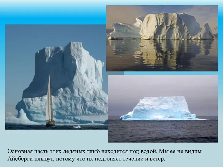 Основная часть этих ледяных глыб находится под водой. Мы ее не видим. Айсберги