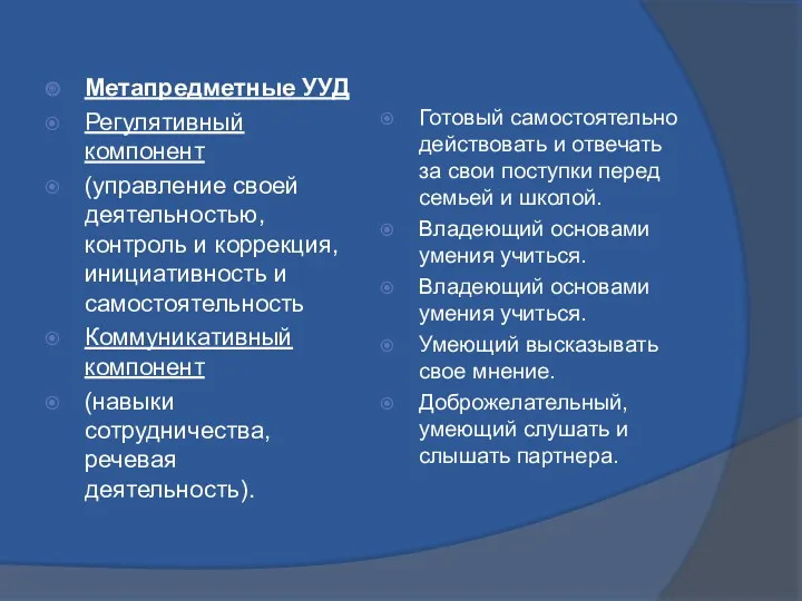 Метапредметные УУД Регулятивный компонент (управление своей деятельностью, контроль и коррекция,