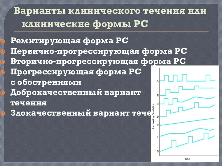 Варианты клинического течения или клинические формы РС Ремитирующая форма РС