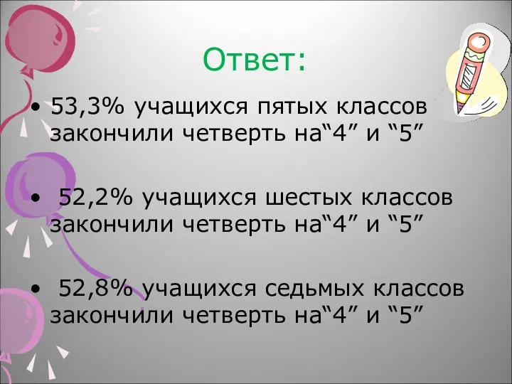 Ответ: 53,3% учащихся пятых классов закончили четверть на“4” и “5”