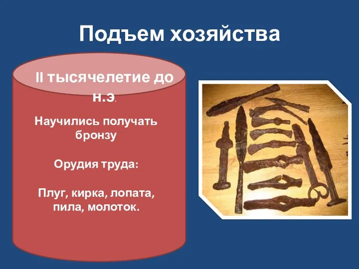 Подъем хозяйства II тысячелетие до н.э. Научились получать бронзу Орудия труда: Плуг, кирка, лопата, пила, молоток.