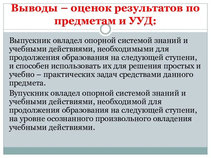 Выводы – оценок результатов по предметам и УУД: Выпускник овладел