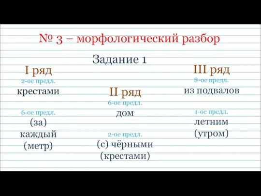 № 3 – морфологический разбор Задание 1 I ряд 2-ое предл. крестами 6-ое