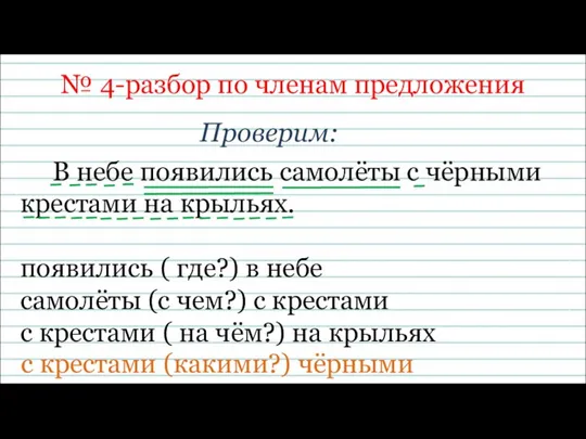 № 4-разбор по членам предложения Проверим: В небе появились самолёты с чёрными крестами