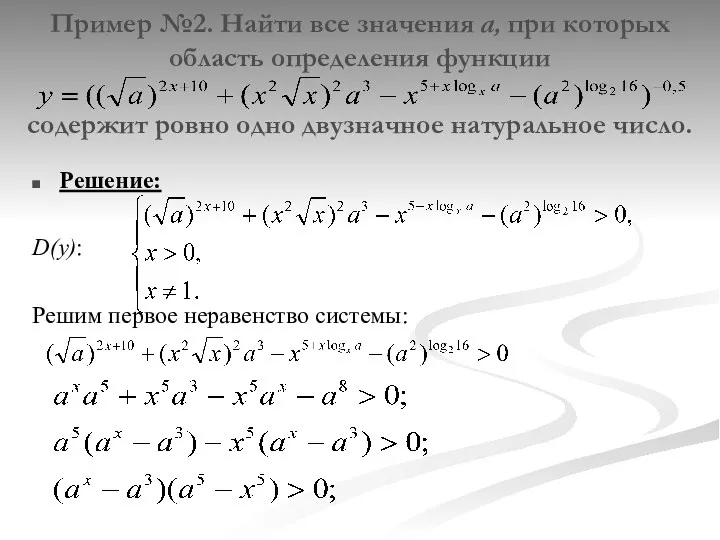 Пример №2. Найти все значения а, при которых область определения функции содержит ровно