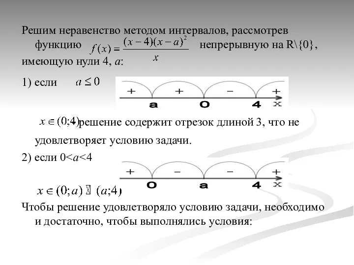 Решим неравенство методом интервалов, рассмотрев функцию непрерывную на R\{0}, имеющую нули 4, а: