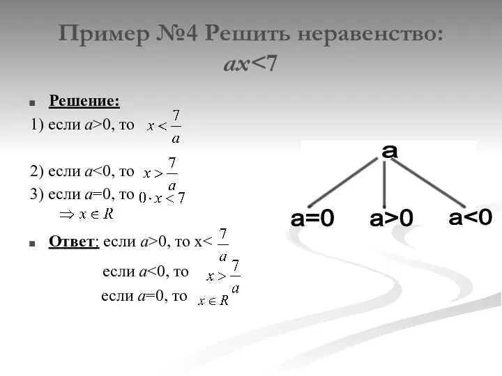 Пример №4 Решить неравенство: ах Решение: 1) если a>0, то 2) если а