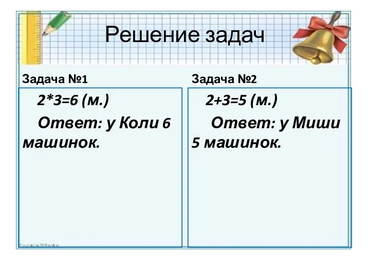 Решение задач Задача №1 2*3=6 (м.) Ответ: у Коли 6