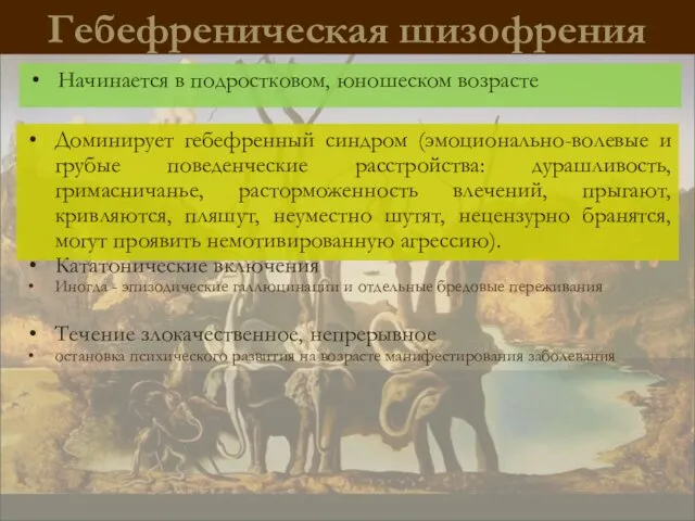 Гебефреническая шизофрения Начинается в подростковом, юношеском возрасте Доминирует гебефренный синдром