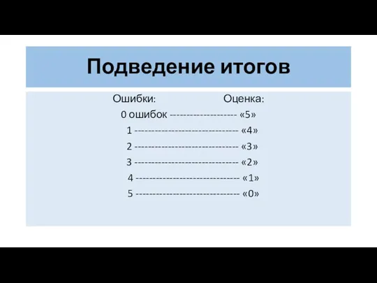 Подведение итогов Ошибки: Оценка: 0 ошибок -------------------- «5» 1 -------------------------------