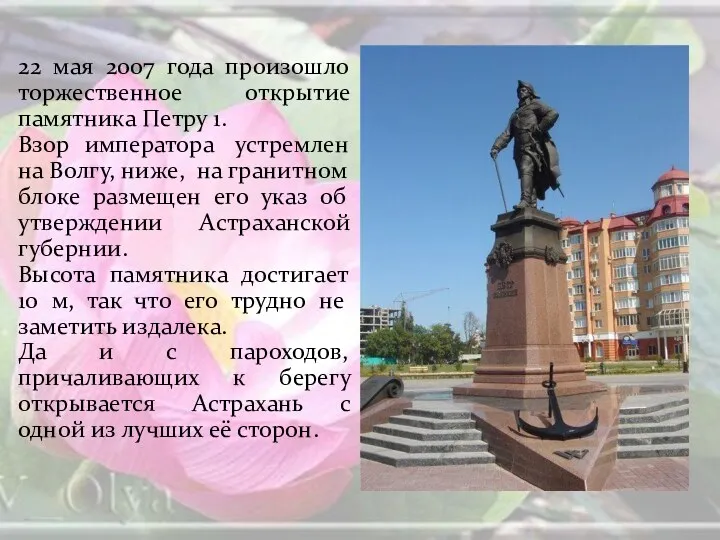 22 мая 2007 года произошло торжественное открытие памятника Петру 1.