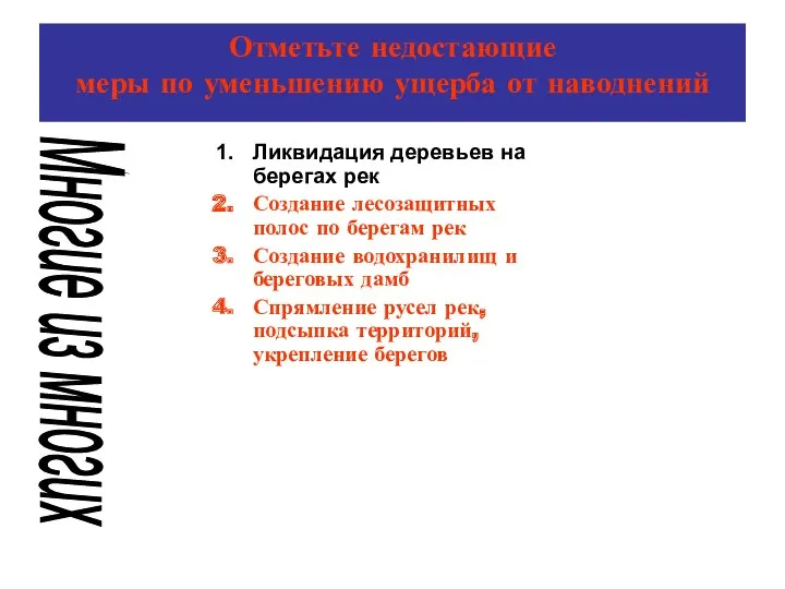 Отметьте недостающие меры по уменьшению ущерба от наводнений Ликвидация деревьев