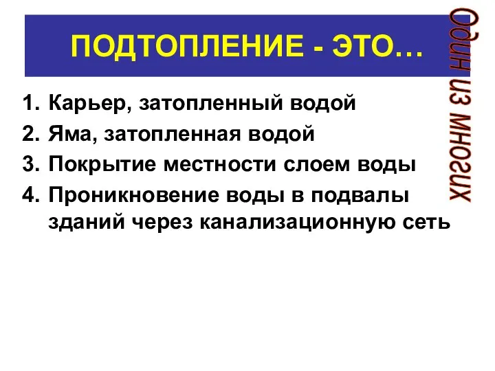 ПОДТОПЛЕНИЕ - ЭТО… Карьер, затопленный водой Яма, затопленная водой Покрытие