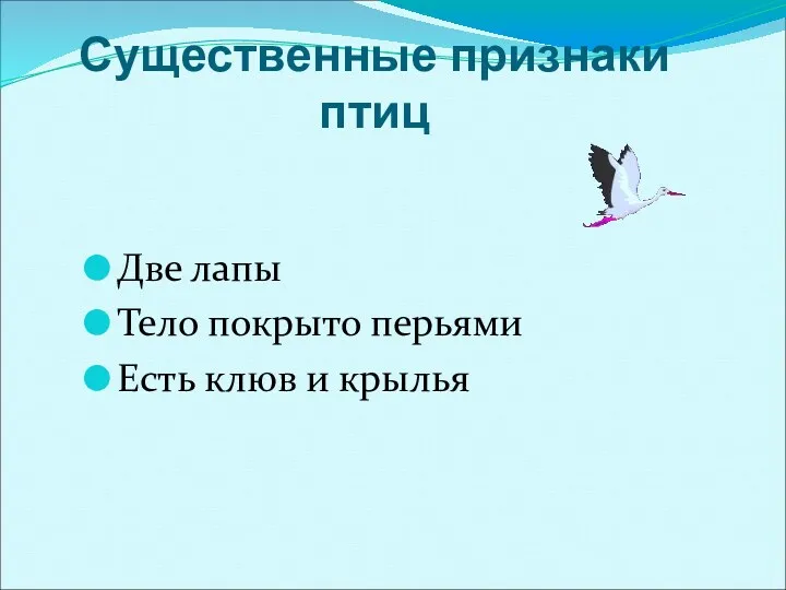 Существенные признаки птиц Две лапы Тело покрыто перьями Есть клюв и крылья