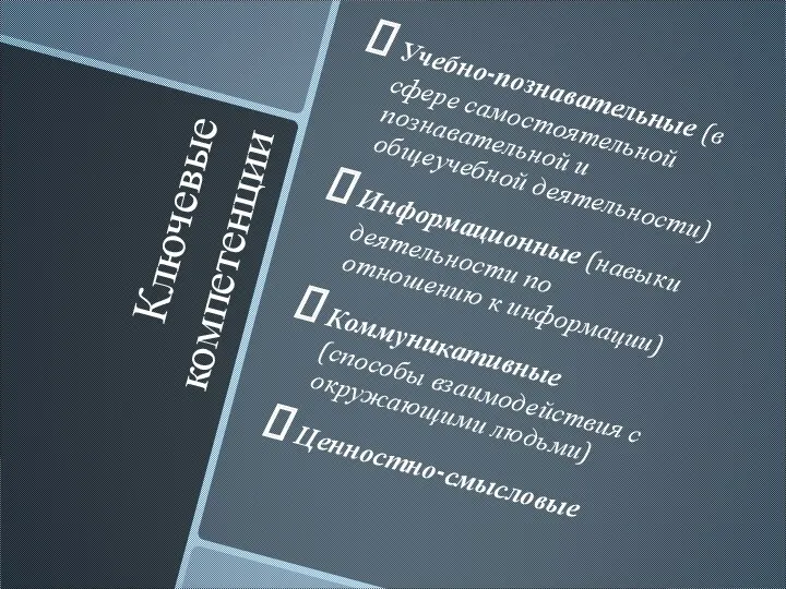 Ключевые компетенции Учебно-познавательные (в сфере самостоятельной познавательной и общеучебной деятельности)